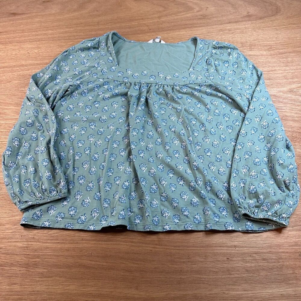 Lucky Brand Boho Print Peasant Top Women Large Green Blue 3/4 Sleeve